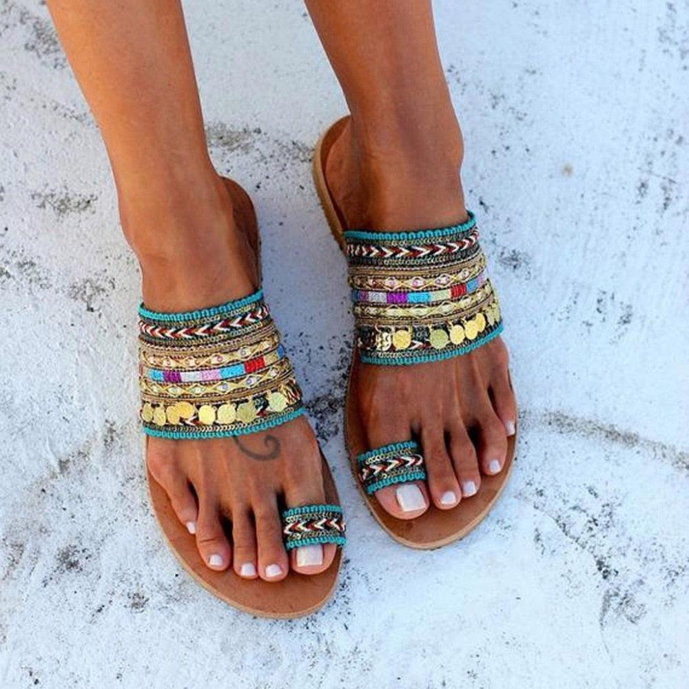 Women Sandals Flip-Flops Handmade Style Flip Flop Sandals Streetwear Fashion Shoes Women Flat Clip Toe Casual Floral Beach Flip Flop Comfy Shoes Summer Elegant Toe Ring Sandals