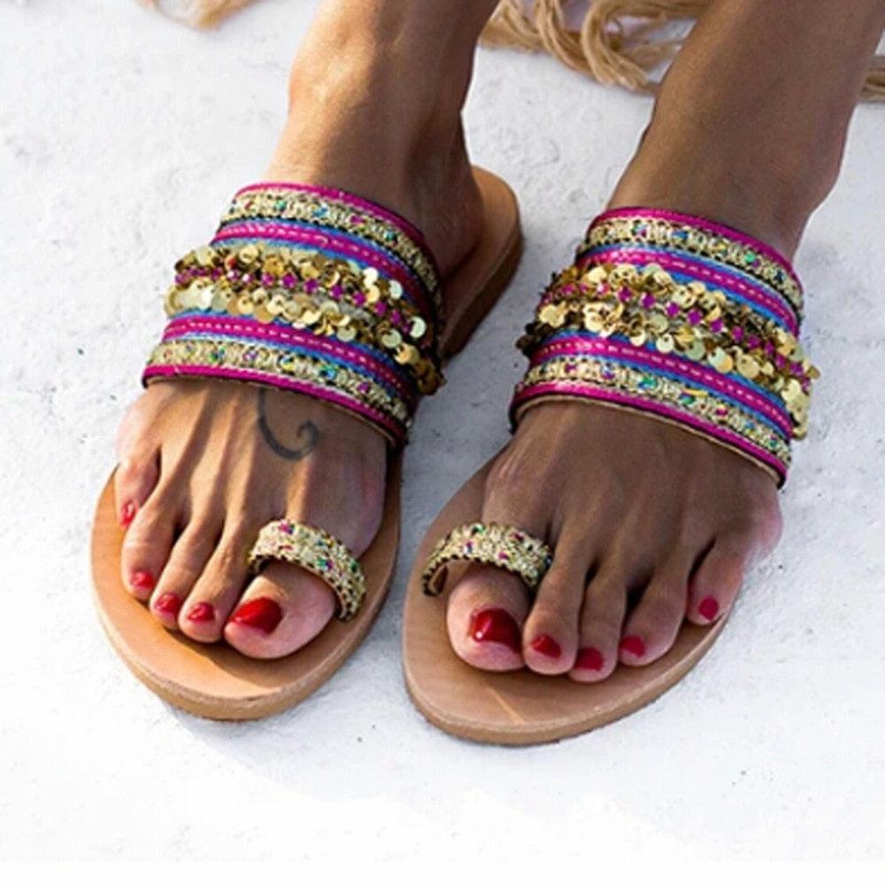Women Sandals Flip-Flops Handmade Style Flip Flop Sandals Streetwear Fashion Shoes Women Flat Clip Toe Casual Floral Beach Flip Flop Comfy Shoes Summer Elegant Toe Ring Sandals