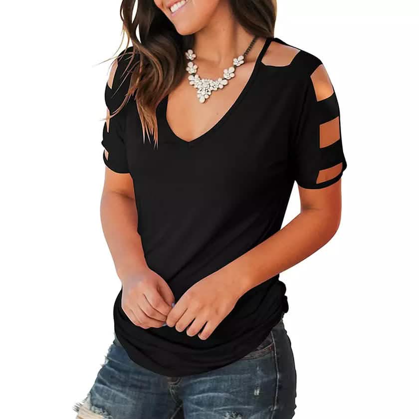 Women Short Sleeve Cut Out Cold Shoulder Tops Deep V Neck T Shirts