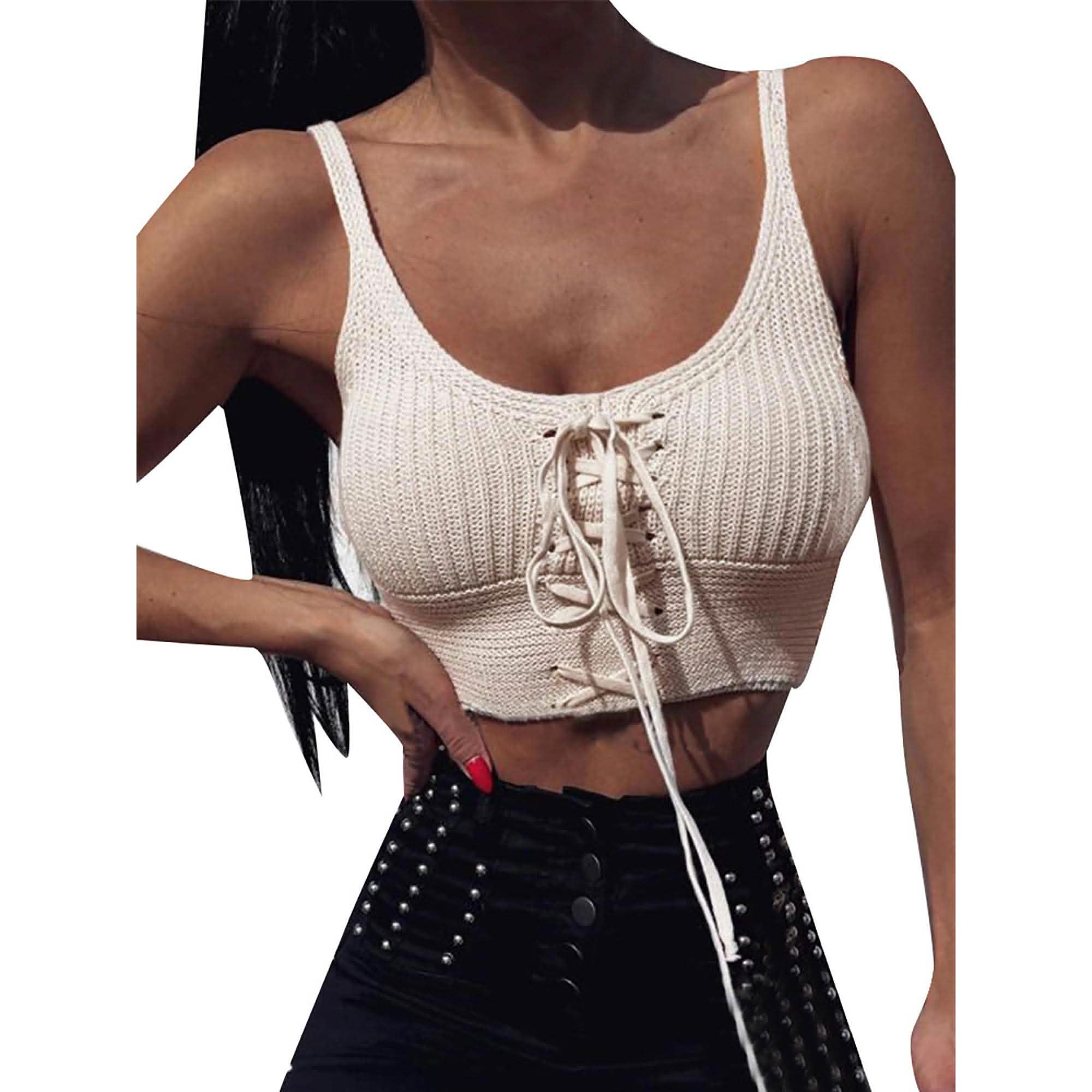 Women Sleeveless Lace Up Knitted Cami Tank Top Sexy Loose Crop Tops Blouse