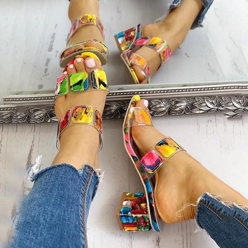 Women Square Heels Summer Sandals Open Toe Multi Colors Shoes Cute Sandals Flip Flops Slip On Fashion Wedding Dress Chunky Block Heels Open Back High Heel Slide Slipper