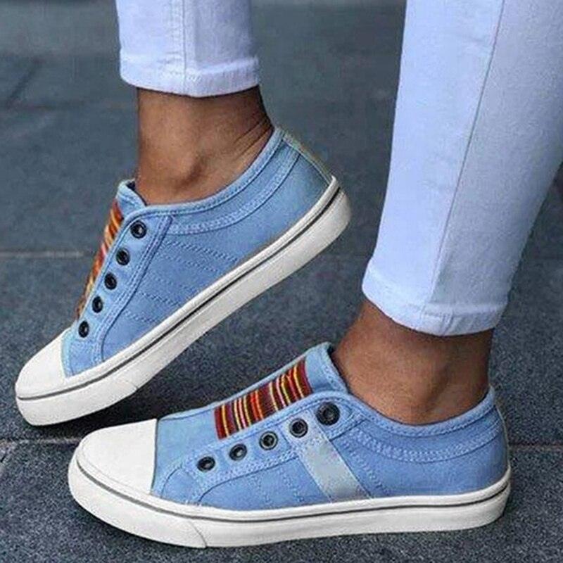 Women Summer Autumn Sneakers Low-Cut Trainers Canvas Flat Sneakers Casual Slip On Canvas Comfortable Walking Flats Shoes For Womens