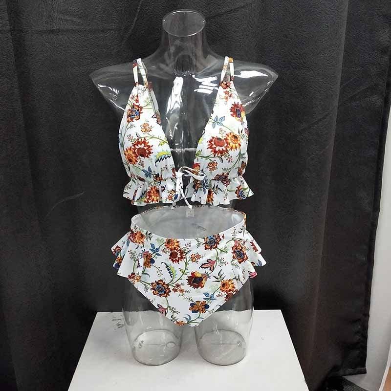 Women Summer High Waist Ruffle Bikini Set Swimwear Women Lady Floral Female Push Up Swimsuit Summer Beach Wear Bikini Pure Color Bikini Charming Ruffled Bra And Bottom Swimsuits