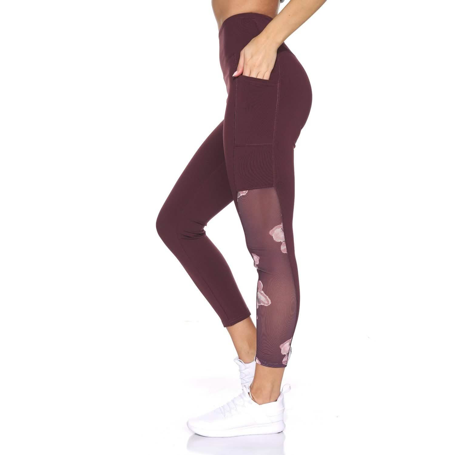 Women's 7/8 Active Leggings with Sheer Mesh Floral Panel and Pockets