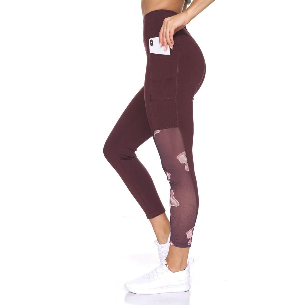 Women's 7/8 Active Leggings with Sheer Mesh Floral Panel and Pockets