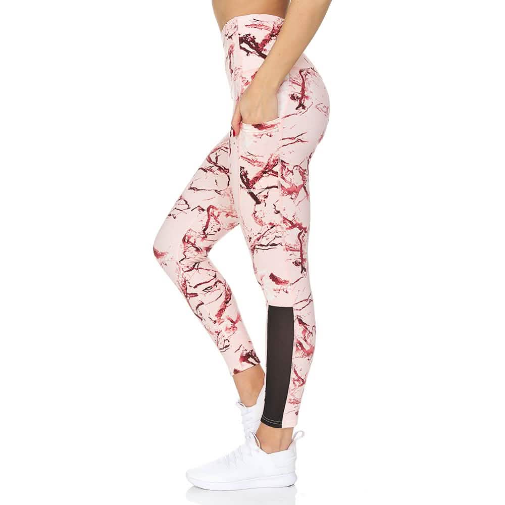 Women's 7/8 Highwaist Marble Leggings with Sheer Mesh Panel and Pockets