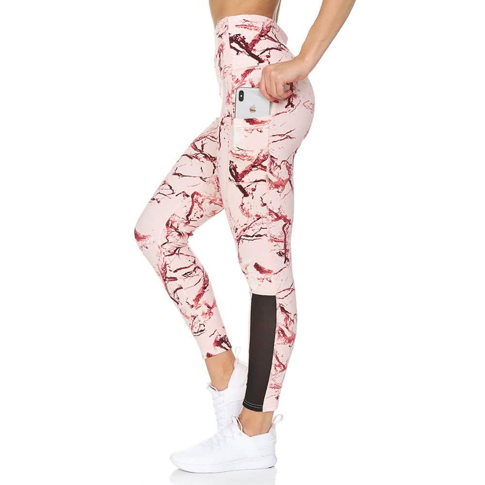 Women's 7/8 Highwaist Marble Leggings with Sheer Mesh Panel and Pockets