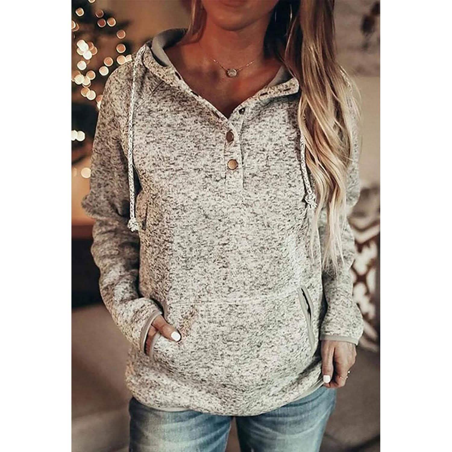 Womens Button Collar Drawstring Stitching Sweatshirts Hoodies Pullover