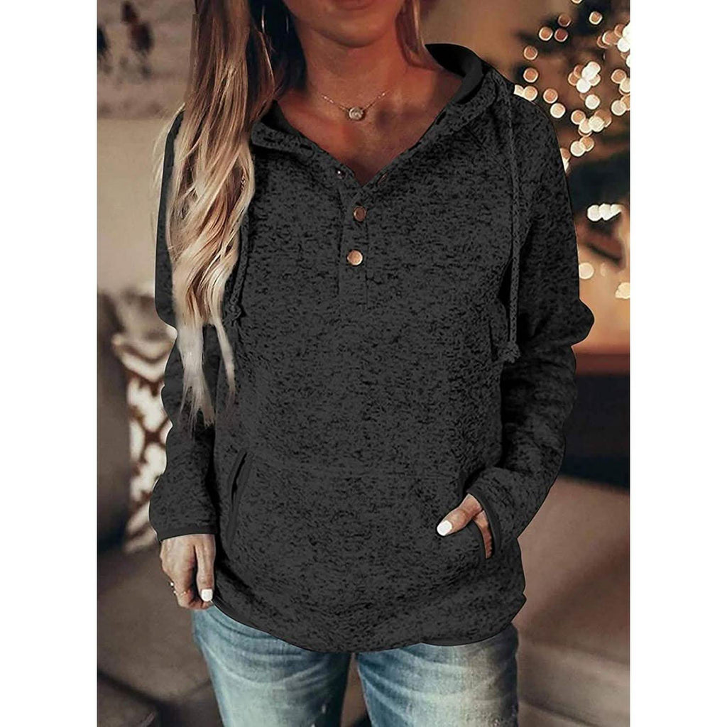 Womens Button Collar Drawstring Stitching Sweatshirts Hoodies Pullover