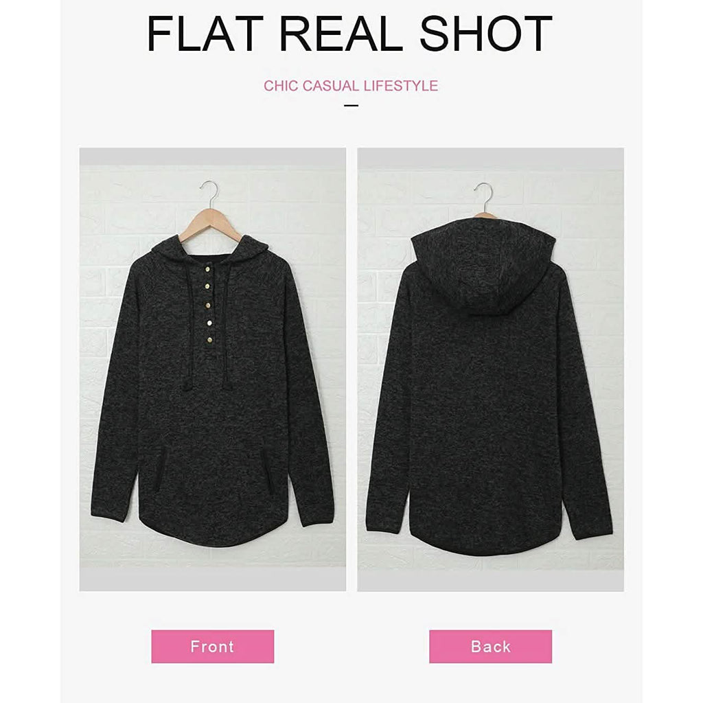 Womens Button Collar Drawstring Stitching Sweatshirts Hoodies Pullover