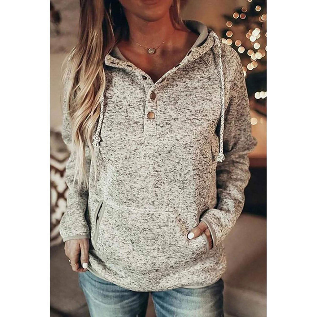 Womens Button Collar Drawstring Stitching Sweatshirts Hoodies Pullover