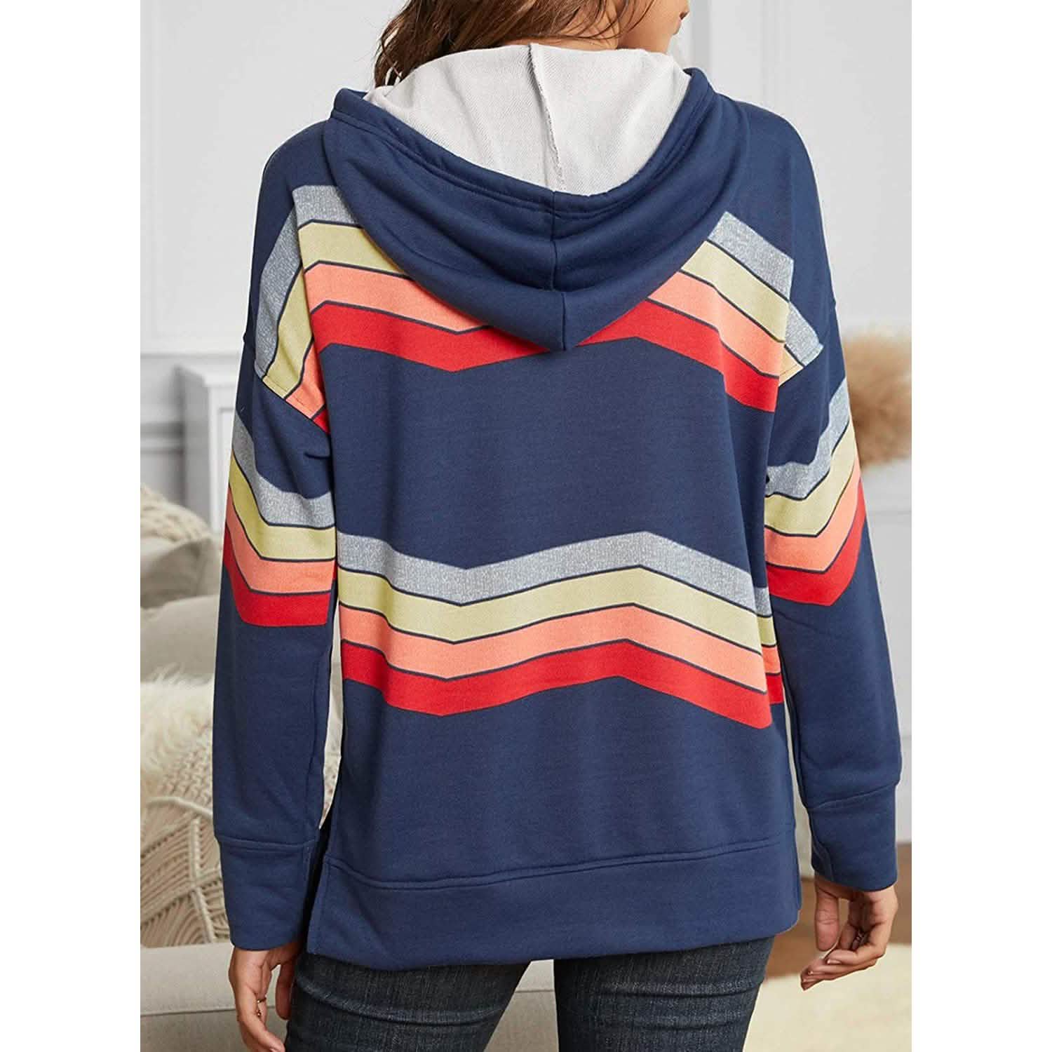 Womens Casual Hoodie Striped Printed Sweatshirts Long Sleeve Drawstring Pullover