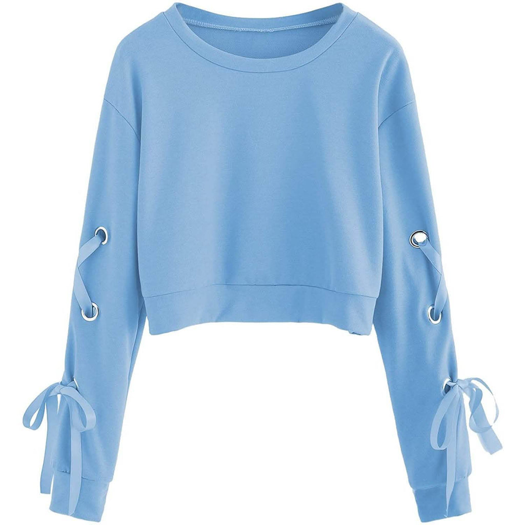 Women's Casual Lace-Up Long-Sleeved Pullover Crop Top Sweatshirt