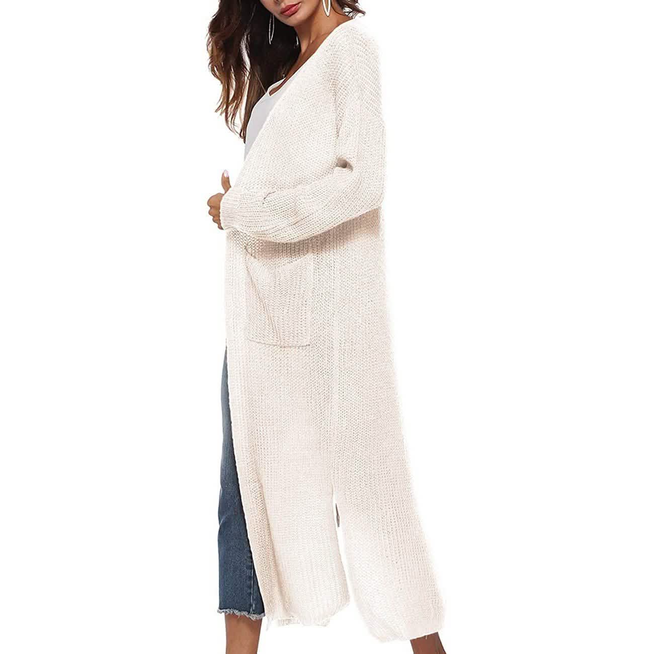 Womens Casual Long Sleeve Split Open Cardigan Knit Long Cardigan Sweaters with Pockets