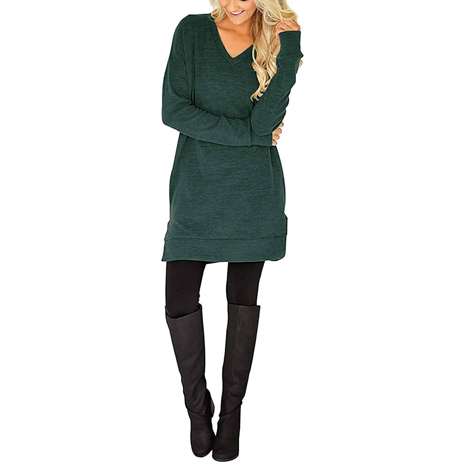 Womens Casual Long Sleeves Solid V-Neck Tunics Shirt Tops with Pockets