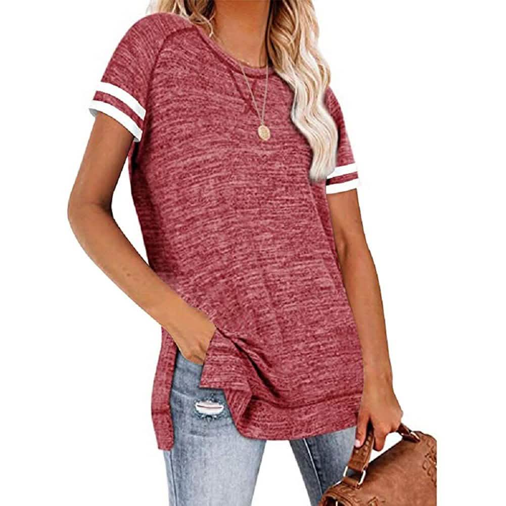 Womens Casual Tunic Tops Short Sleeve Crewneck Side Split Color Block T-Shirt