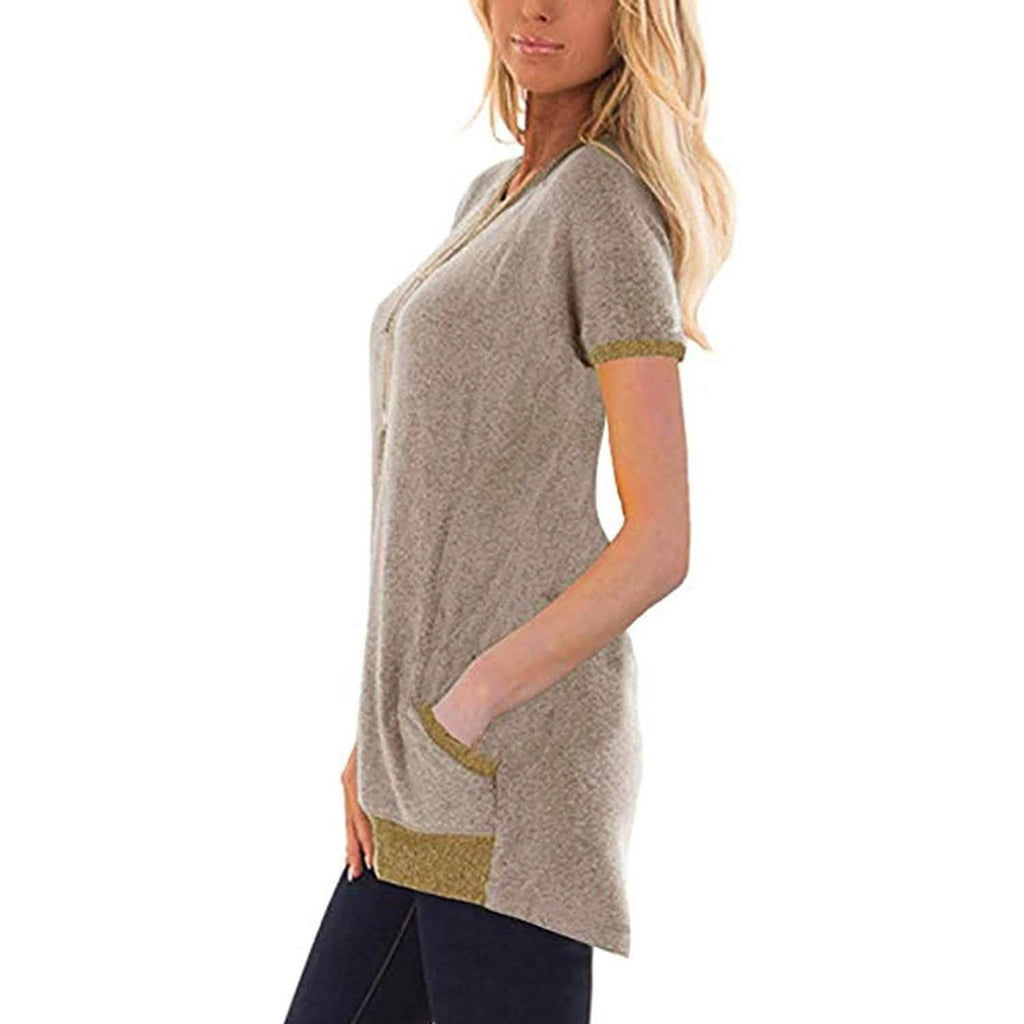 Women's Color Block Short Sleeve Lightweight Knit Sweatshirts with Pockets