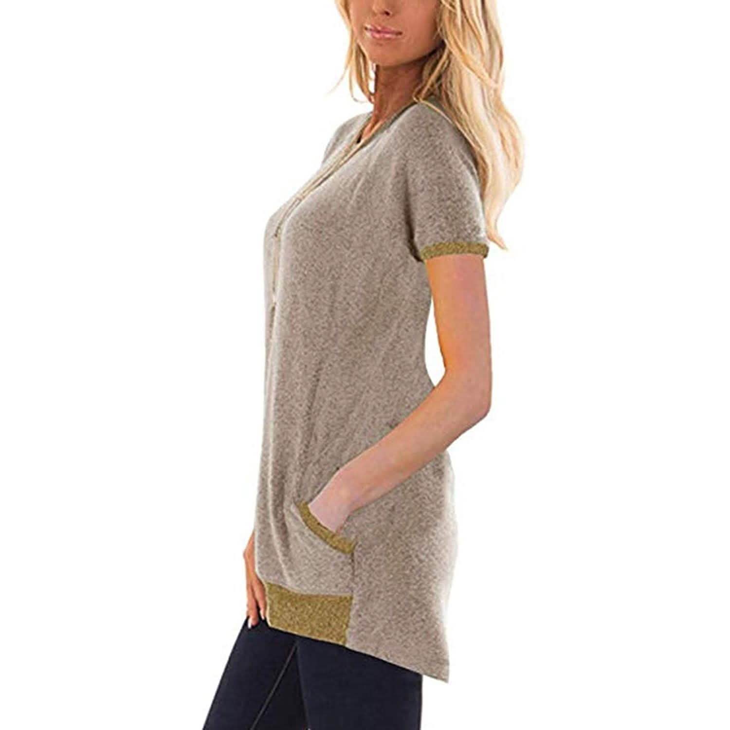 Women's Color Block Short Sleeve Lightweight Knit Sweatshirts with Pockets