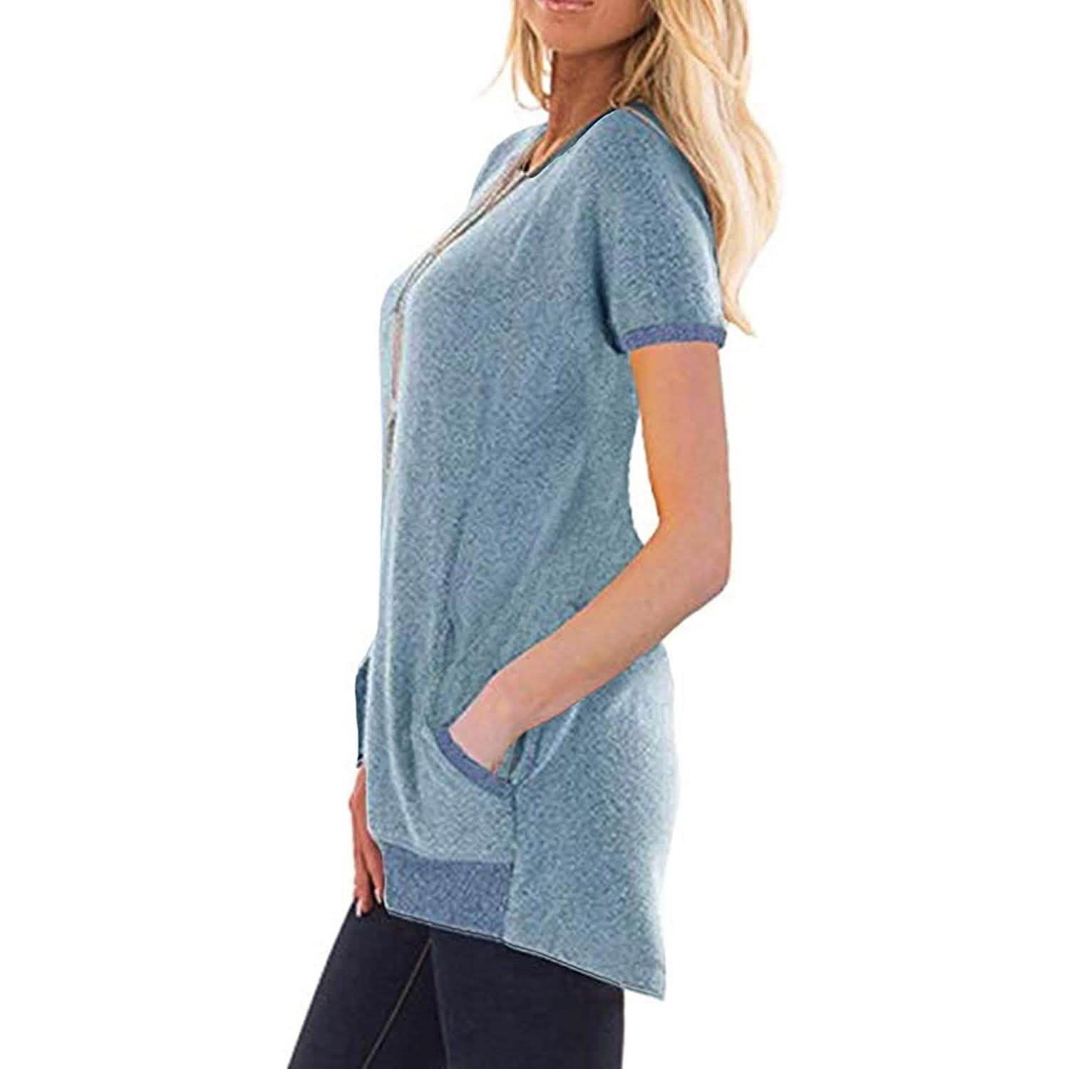 Women's Color Block Short Sleeve Lightweight Knit Sweatshirts with Pockets