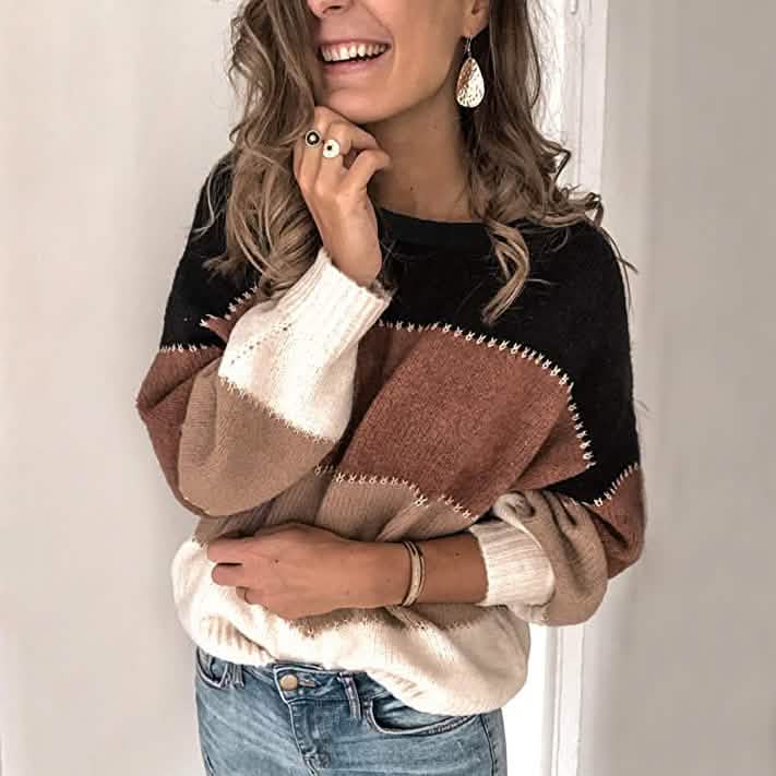 Women's Crewneck Patchwork Pullover Knit Sweater Top
