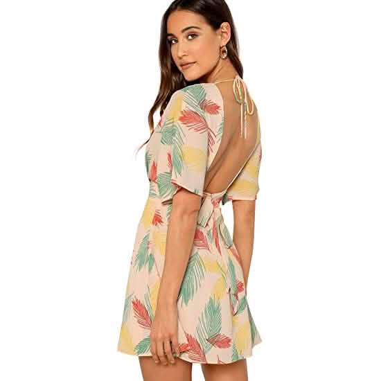 Women's Ditsy Floral Plunge Neck Knot Front A Line Short Dress
