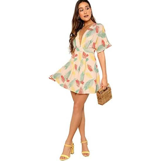 Women's Ditsy Floral Plunge Neck Knot Front A Line Short Dress
