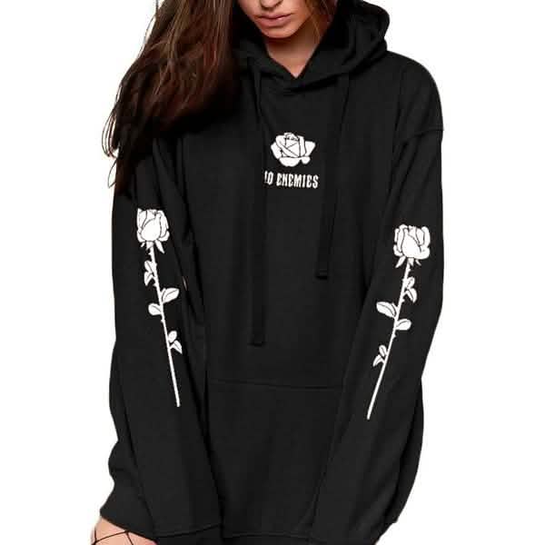 Women's Fashion Casual Tops Rose Print Warm Hoodies