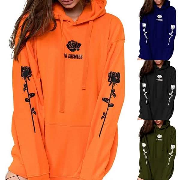 Women's Fashion Casual Tops Rose Print Warm Hoodies