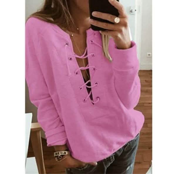Women's Fashion Lace Up Deep V-neck Casual Long Sleeves
