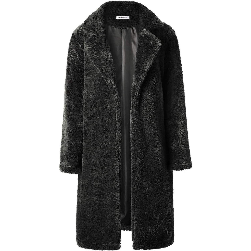 Women's Fuzzy Fleece Lapel Open Front Long Cardigan Coat
