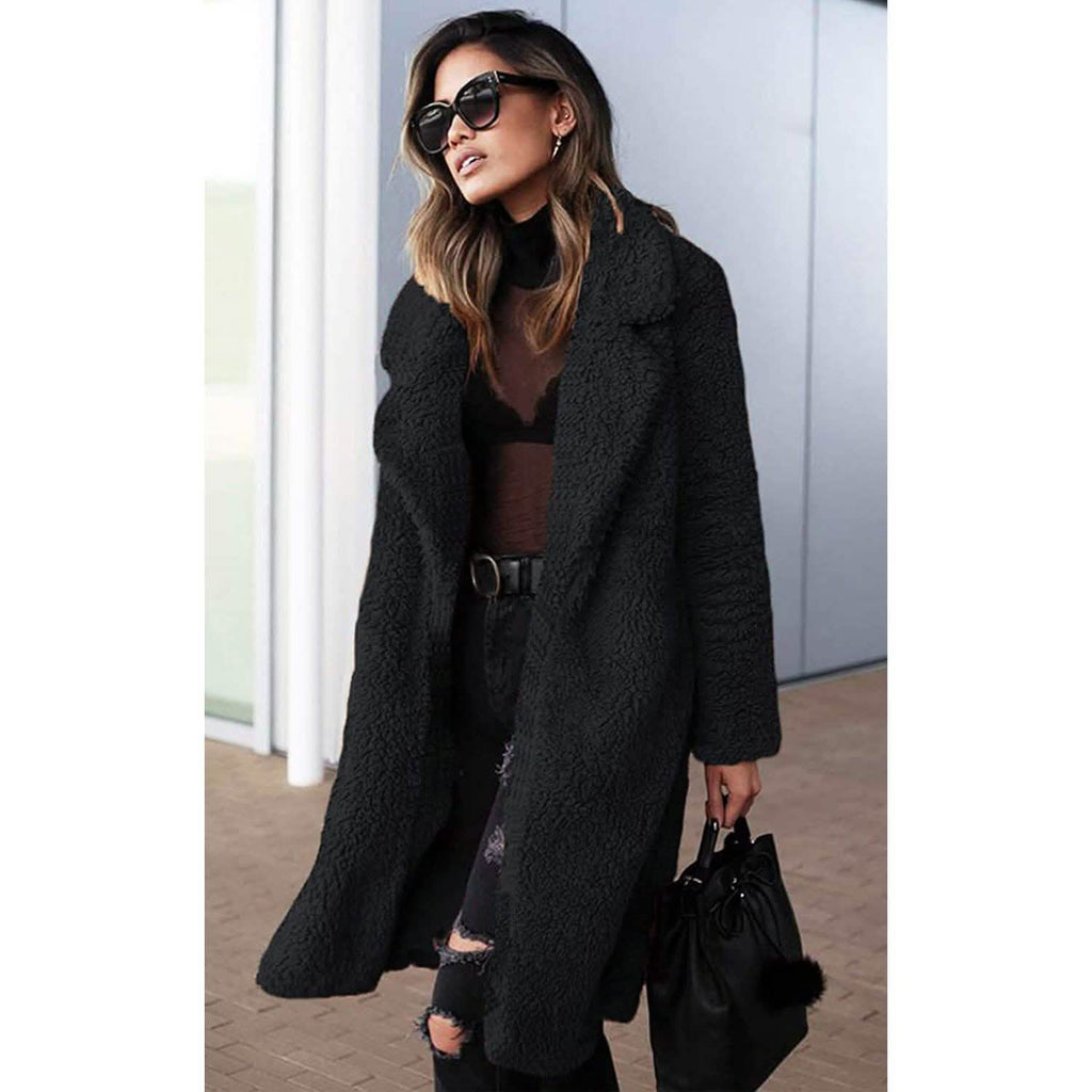 Women's Fuzzy Fleece Lapel Open Front Long Cardigan Coat