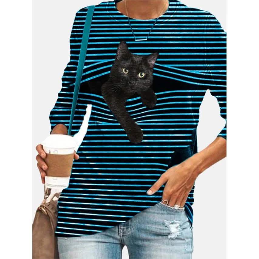 Women's Halloween Tunic T shirt Striped Cat 3D Cartoon Long Sleeve Print Round Neck