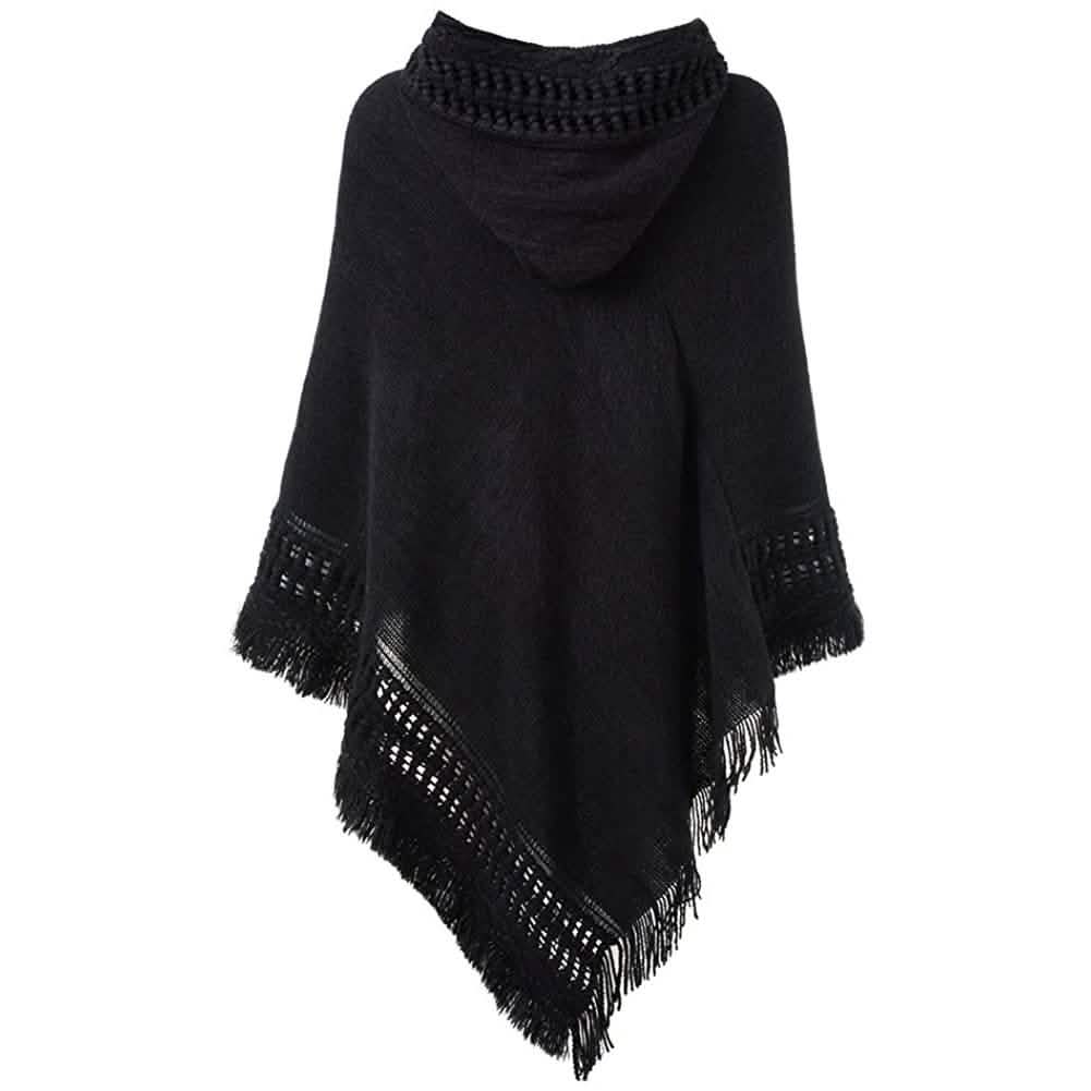 Womens Hooded Cape with Fringed Hem, Crochet Poncho Knitting Patterns