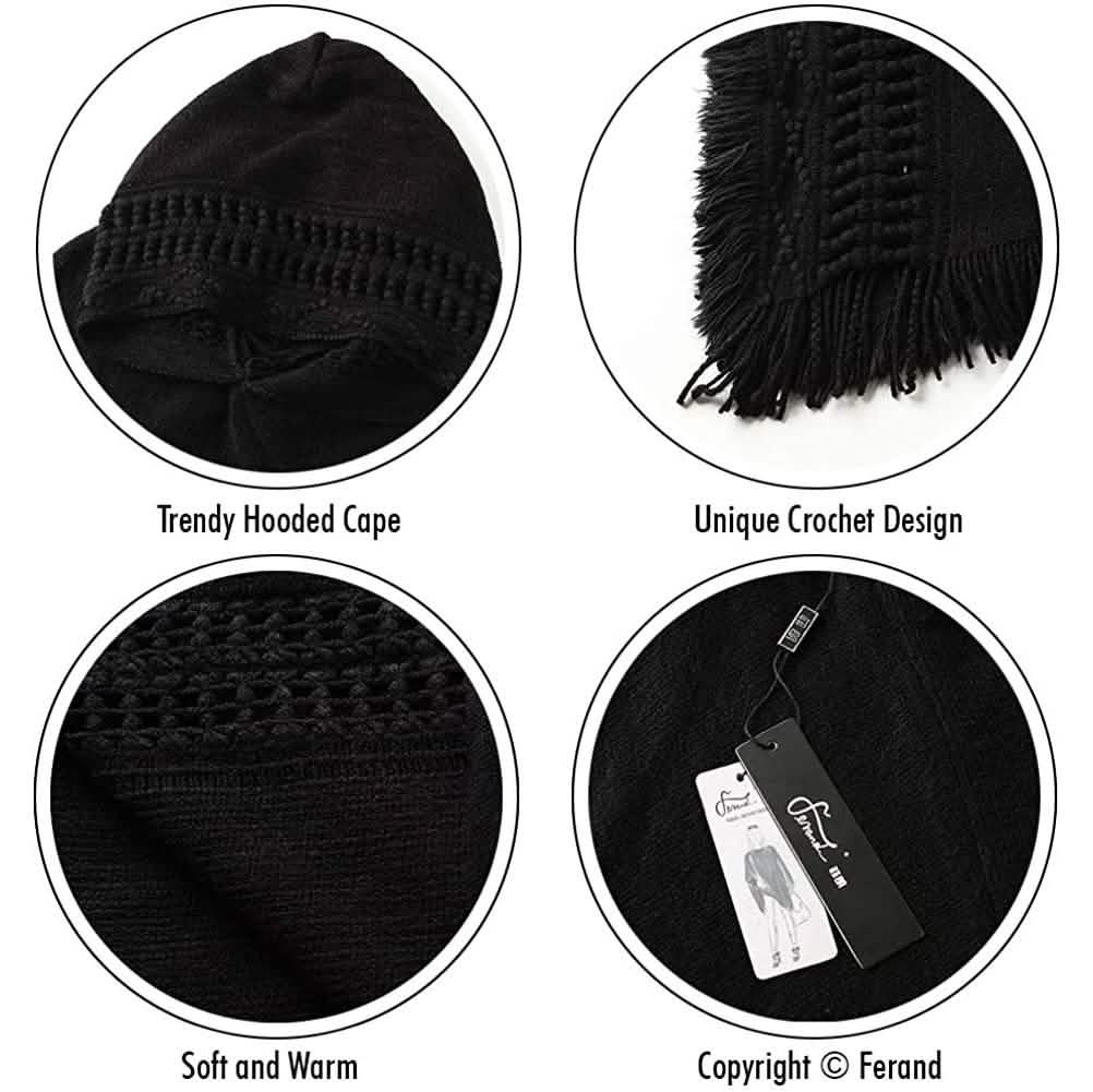 Womens Hooded Cape with Fringed Hem, Crochet Poncho Knitting Patterns