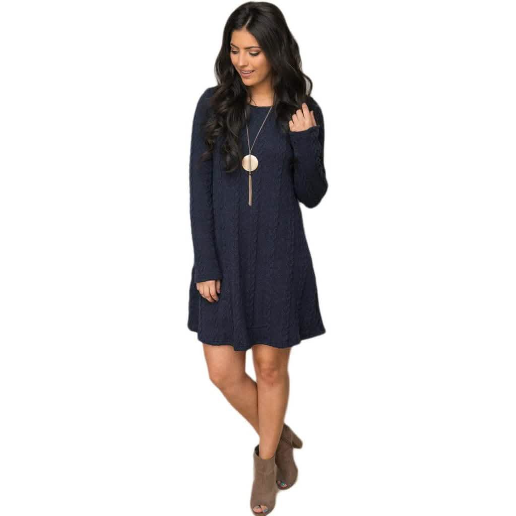 Womens Knitted Crewneck Sweater Dress