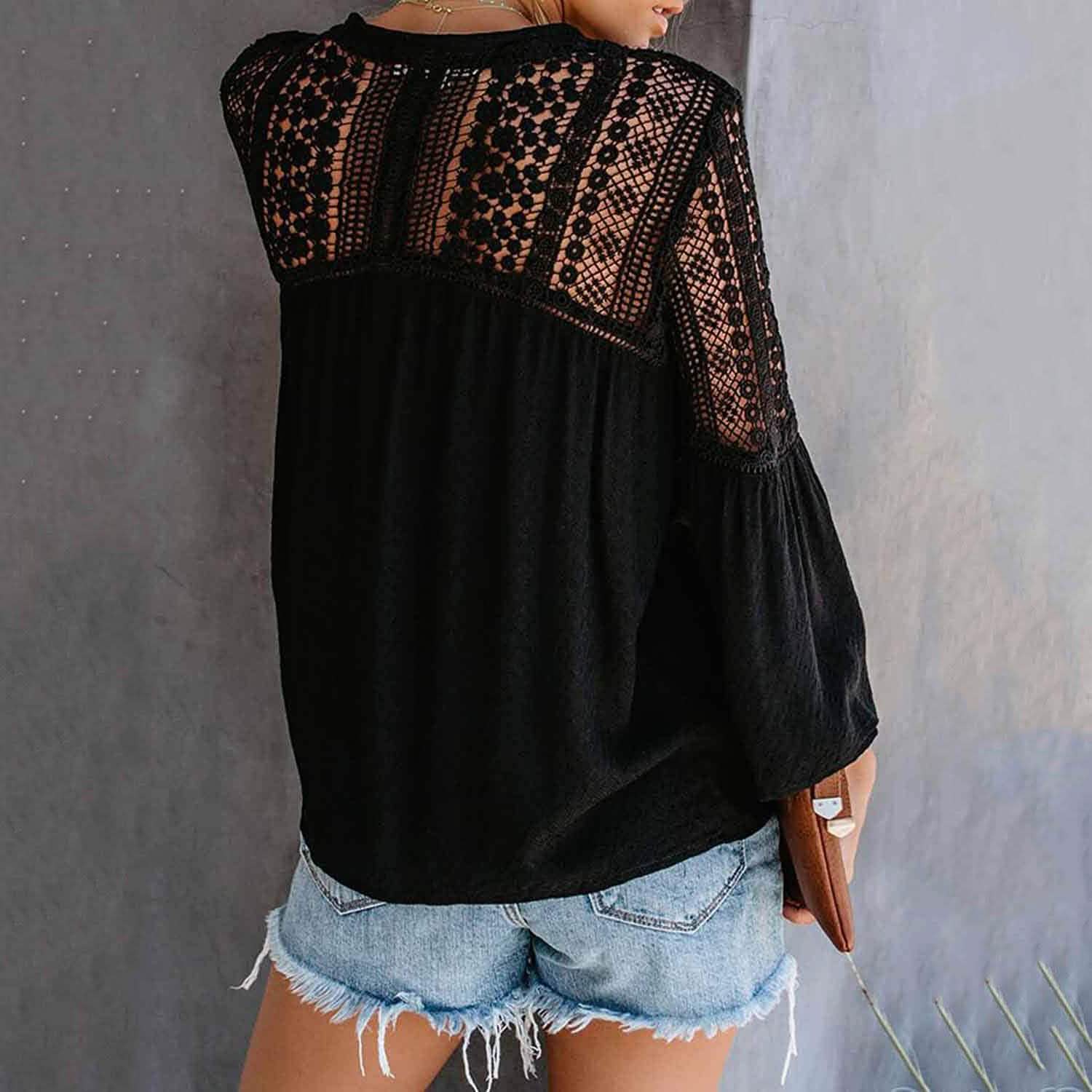Women's Lace Crochet V Neck 3/4 Sleeve Button Down Blouses Casual Shirts Tops