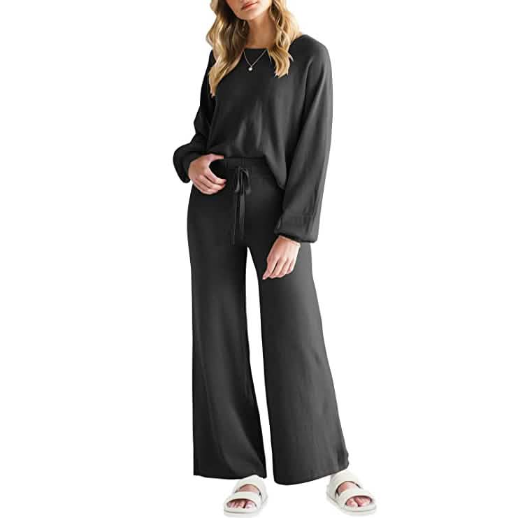 Women's Long Lantern Sleeve Crop Top with Wide Leg Pants Lounge Set
