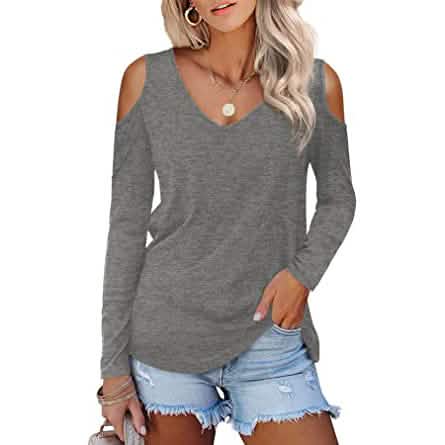 Womens Long Sleeve Cold Shoulder Basic Tee Tops Shirts