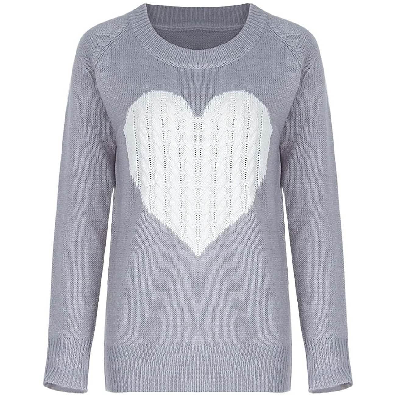 Women's Long Sleeve Crewneck Cute Heart Knitted Sweaters