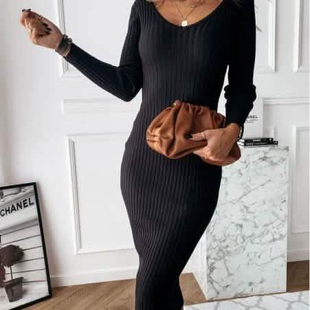 Women's Long Sleeve Dress V-neck Casual Dresses Soid Color Stripe Bodycon Dress Plus Size Long Dress