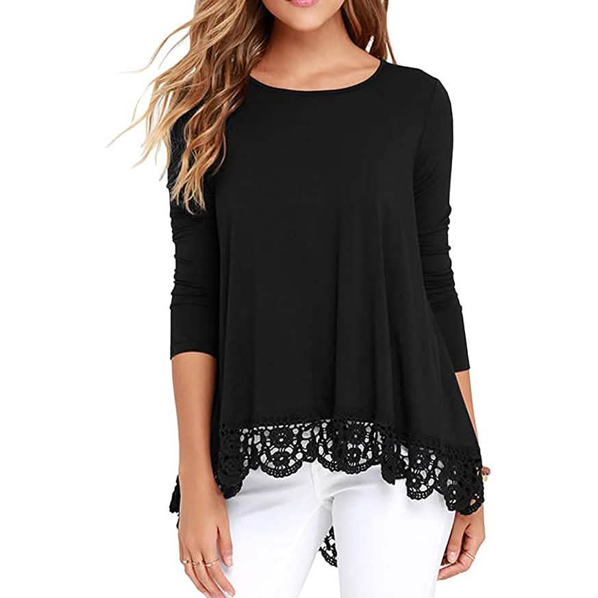 Women's Long Sleeve Lace Trim Blouse