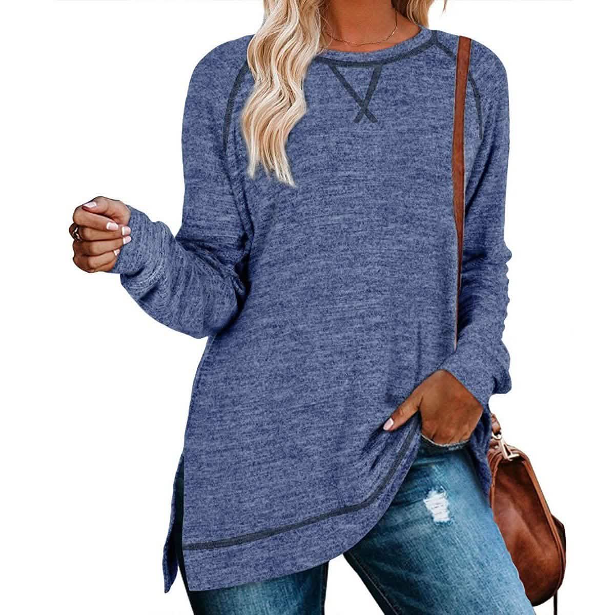 Women's Long Sleeve Loose Casual Autumn Pullover Side Slit Tunic Top