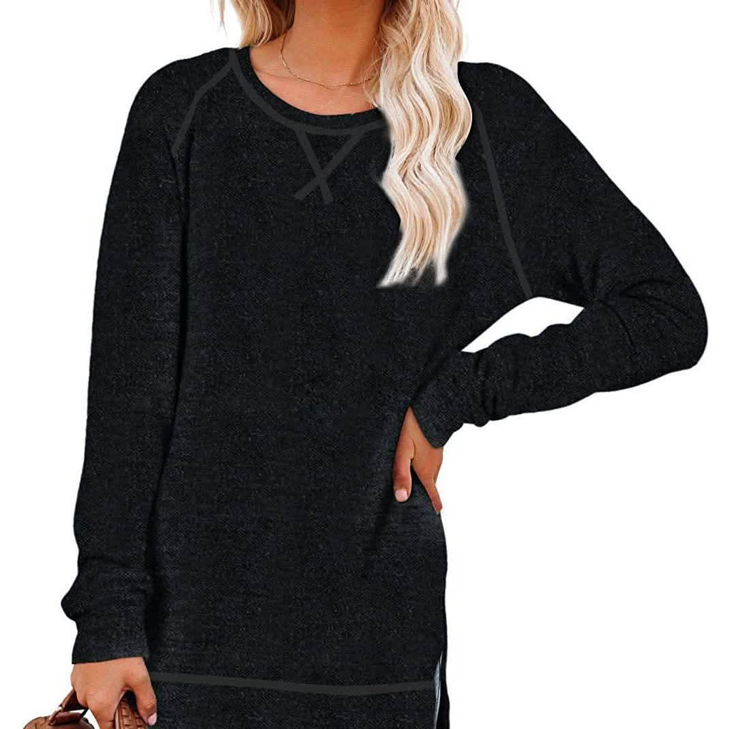 Women's Long Sleeve Loose Casual Autumn Pullover Side Slit Tunic Top