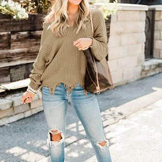 Women's Loose Knitted Sweater Long Sleeve V-Neck Ripped Pullover Sweaters Crop Top Knit Jumper
