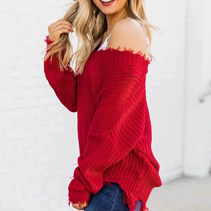 Women's Loose Knitted Sweater Long Sleeve V-Neck Ripped Pullover Sweaters Crop Top Knit Jumper