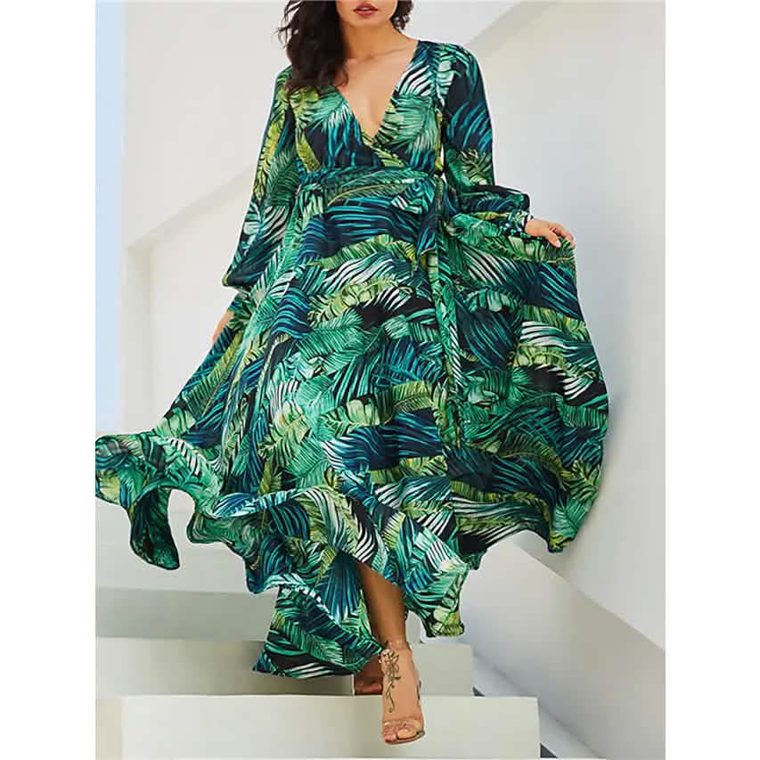 Women's Plus Size A Line Dress Floral V Neck Print Lantern Sleeve