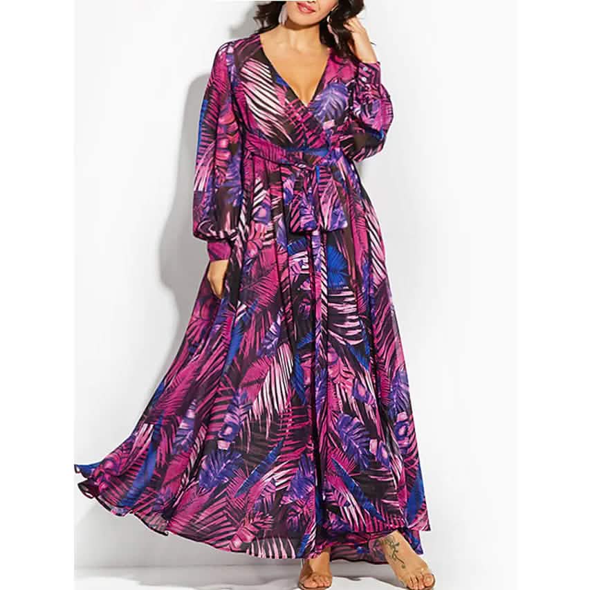 Women's Plus Size A Line Dress Floral V Neck Print Lantern Sleeve