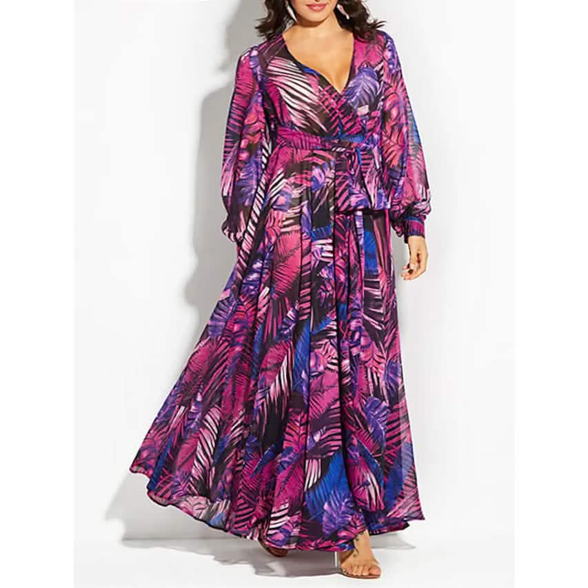 Women's Plus Size A Line Dress Floral V Neck Print Lantern Sleeve