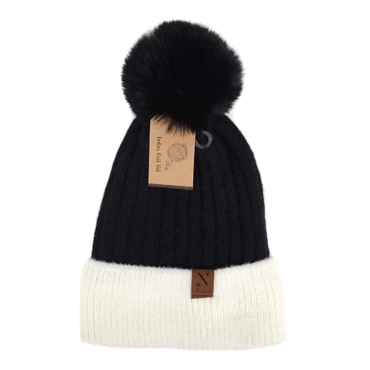 Women's Pom Pom Two-Tone Knit Winter Hat