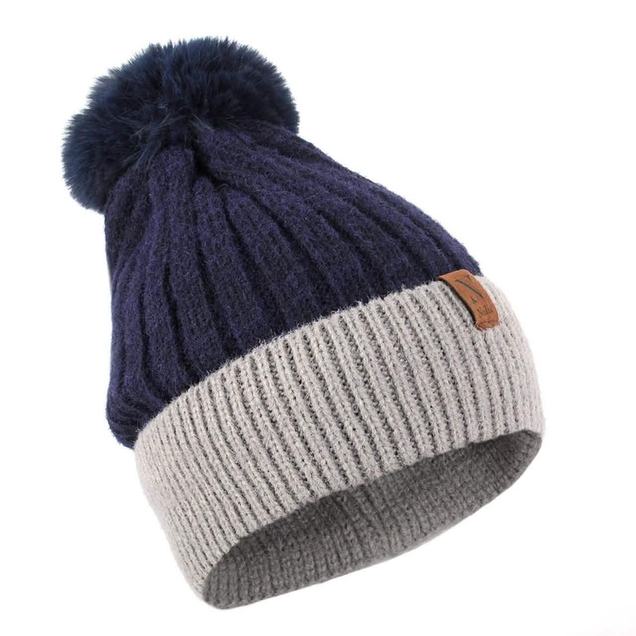 Women's Pom Pom Two-Tone Knit Winter Hat